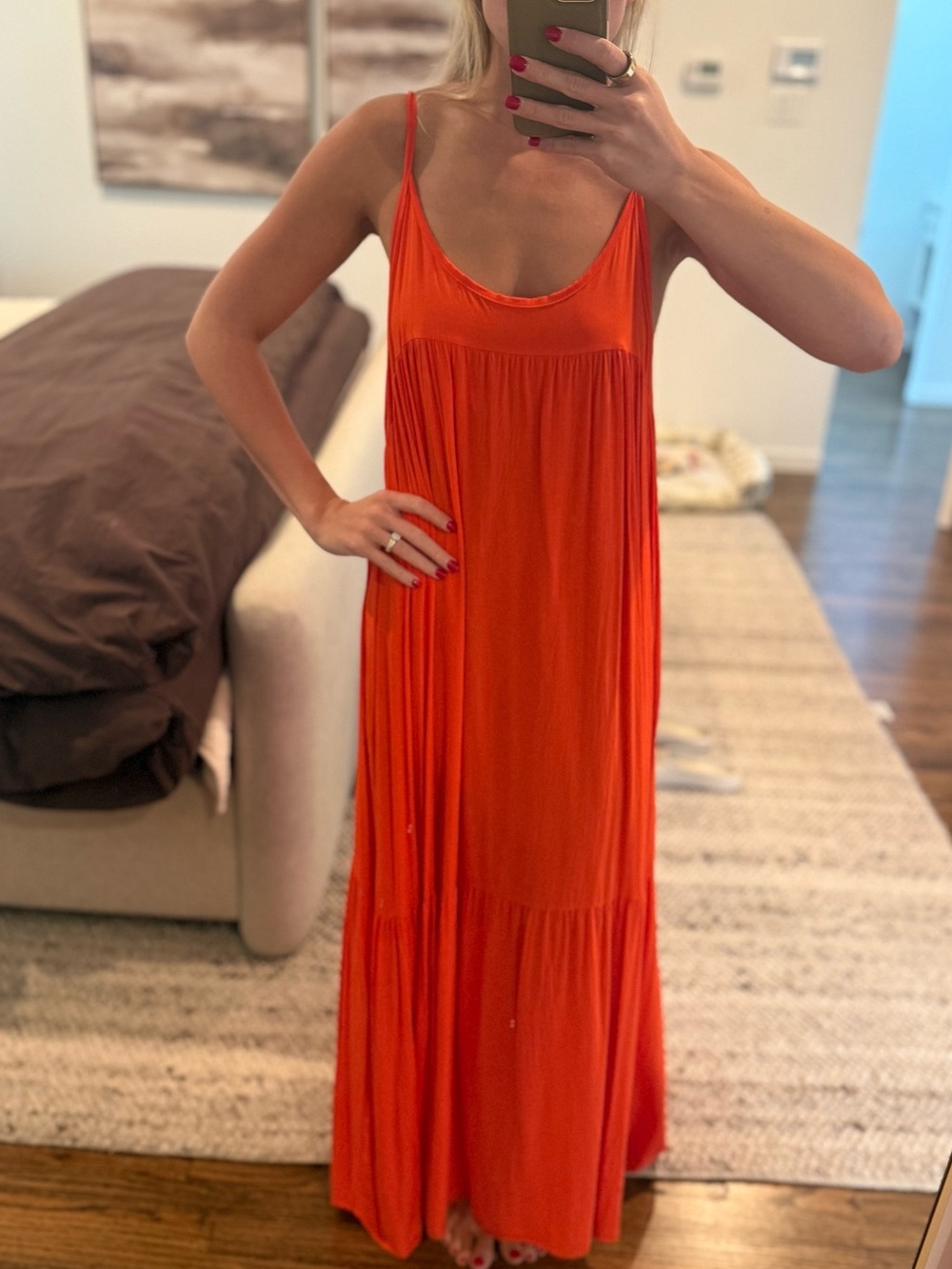 Women's Orange Maxi Dress - Sleeveless Spaghetti Strap